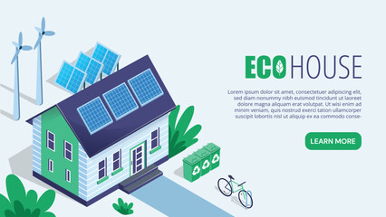 Eco house concept. Building with windmills and solar panels, alternative energy sources. Waste recycling and reuse, reduction of hazardous waste in atmosphere. Cartoon isometric vector illustration