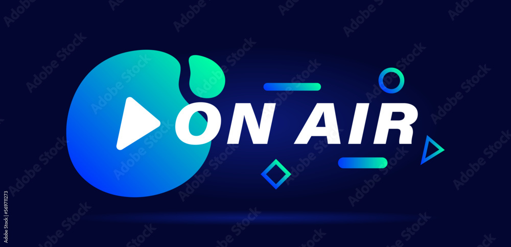 Poster on air geometric badge with play button. colorful design with different geometric element. modern fl