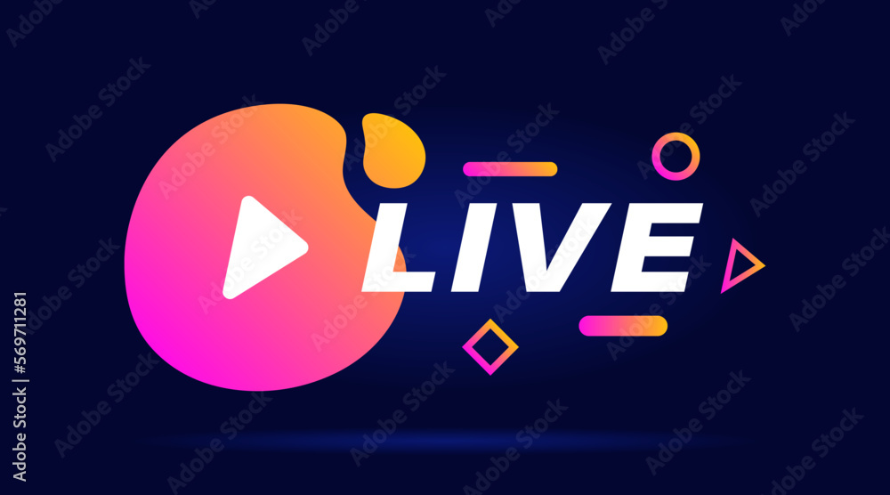 Poster live streaming geometric badge with play button. colorful design with different geometric element. m