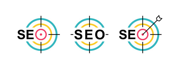 SEO icon with target. SEO Optimization, analytics and Marketing. The concept of achieving a goal in SEO. Vector illustration