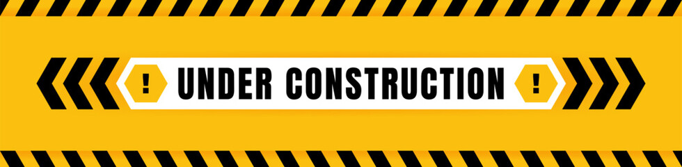 Under construction badge placed on yellow background with black and yellow line striped. Attention label with Exclamation mark on hexagon. Vector illustration