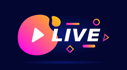 Live streaming geometric badge with play button. Colorful design with different geometric element. Modern flat style vector illustration