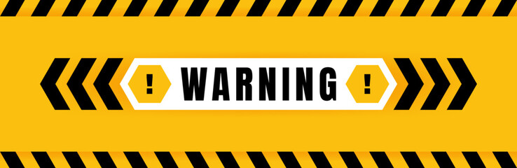 Obraz premium Warning badge placed on yellow background with black and yellow line striped. Attention label with Exclamation mark on hexagon. Vector illustration