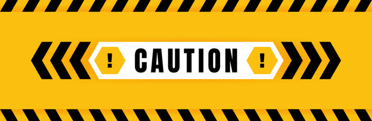 Caution badge placed on yellow background with black and yellow line striped. Attention label with exclamation mark on hexagon. Vector illustration