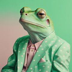 Fashion frog in polka dot suit. Green monochrome portrait. Generative - obrazy, fototapety, plakaty