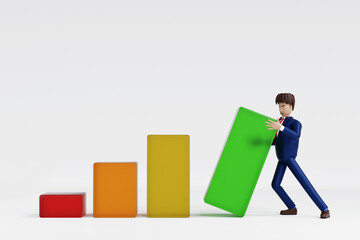 Businessman with business bar chart, financial business concept, 3D rendering cartoon character.
