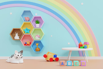 Baby kid room wall decoration, doll and toy, nursery children room, 3D rendering.
