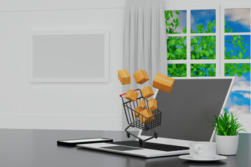 Shopping cart trolley with paper boxes parcel surrounded for shopping and supermarket concept. 3D rendering.