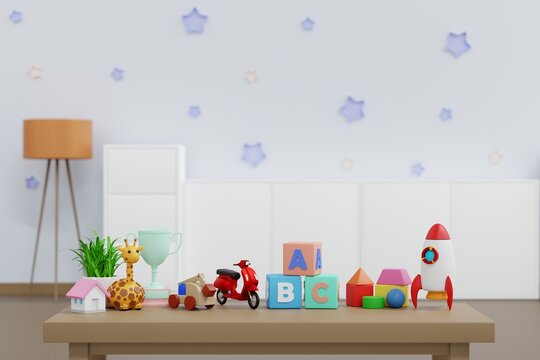 Toy and doll on table with wall decoration kid room, nursery children's room design, 3D rendering.