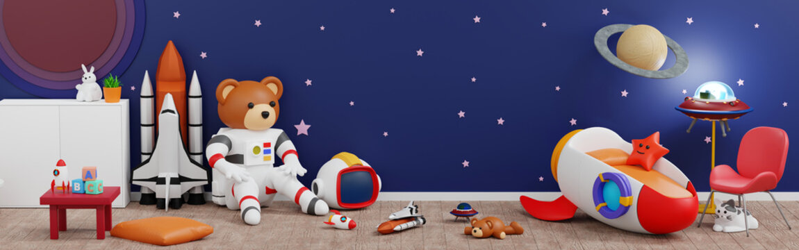 Baby kid room wall rocket planet space adventure, doll and toy, Template Horizontal Banner header Website, 3D render.