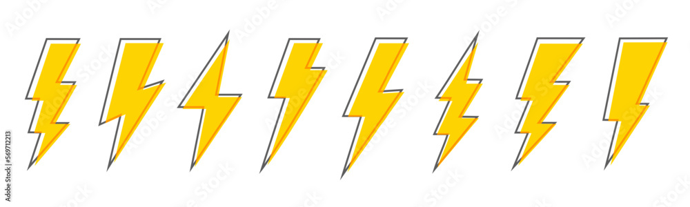 Wall mural lightning icons vector set. thunder flash icon. lightning bolt yellow silhouette with black frame in