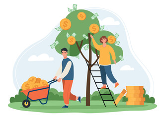 People with money tree. Man and woman with cart picking gold coins. Financial literacy and passive income. Successful businessman and investor. Economy and trading. Cartoon flat vector illustration