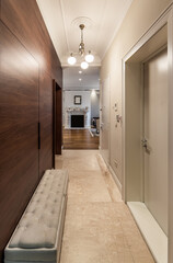 Fototapeta na wymiar Corridor interior with wooden wall and marble floor