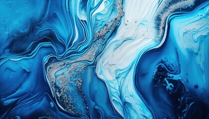 Blue marble texture with silver, liquid paint art