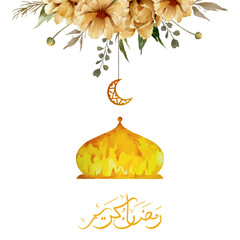 Ramadan greeting design watercolor illustration with dome, Islamic ornament and crescent moon.