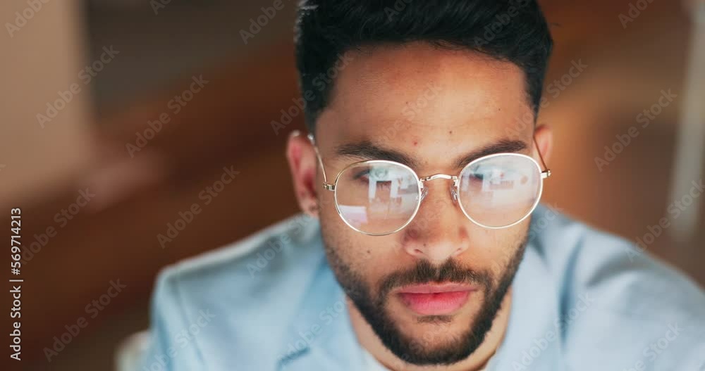 Leinwandbilder Night, reflection and glasses of businessman at computer for software, web design and serious programming. Strategy, designer and coding with employee in office and overtime for cybersecurity network