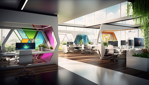 Modern futuristic open creative office room, collaborative space created with generative ai technology
