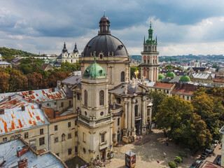 Fototapeta premium Aerial view of architecture of Lviv by drone. Summer Ukraine Lviv region, West Ukraine. 