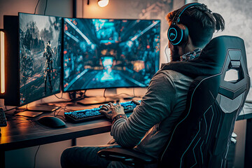 Professional eSports gamer in front of pc playing games. Ai generated illustration - obrazy, fototapety, plakaty