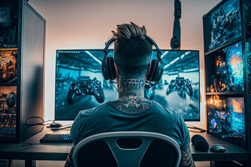 Professional eSports gamer in front of pc playing games. Ai generated illustration.