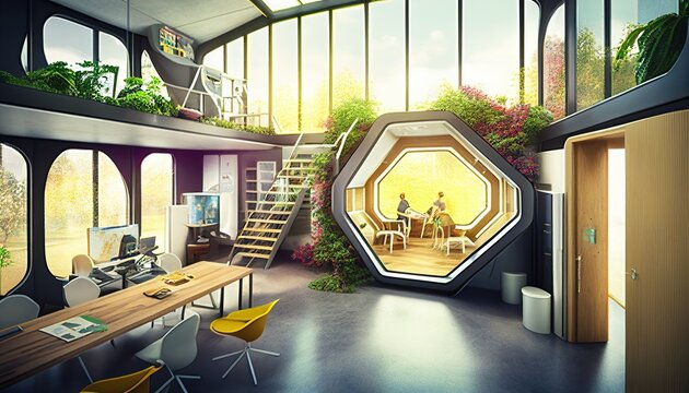 Modern futuristic open creative office room, collaborative space created with generative ai technology