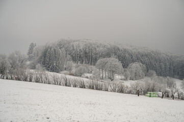 Beautiful winter landscape with lots of snow and trees in odenwald, germany