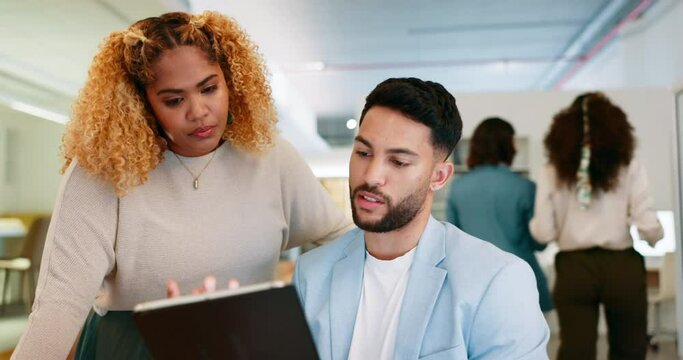 Team work, black woman or manager planning a digital marketing strategy for social media or online SEO. Collaboration, tablet or creative business people working on the brand identity of a company