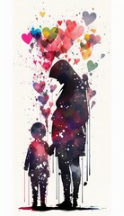 Obraz premium Watercolor illustration of mother and daughter or son surrounded by hearts. White background. AI generated. Mothers day Concept. 