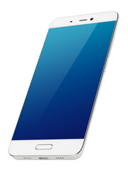 Modern white smartphone with blue emty screen stands isolated on transparent background