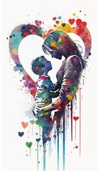 Fototapeta na wymiar Watercolor illustration of mother and daughter or son surrounded by hearts. White background. AI generated. Mothers day Concept. 