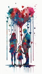 Watercolor illustration of mother and daughter or son surrounded by hearts. White background. AI generated. Mothers day Concept. 