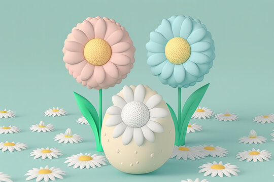 Cute 3d render daisies on neutral soft pastel color background, generative ai illustration