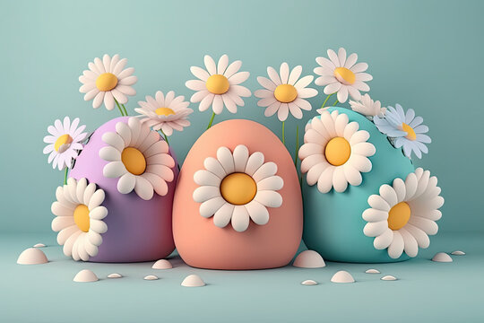 Funny squishy egg like 3d render characters with daisy flowers on soft pastel color neutral background, generative ai illustration