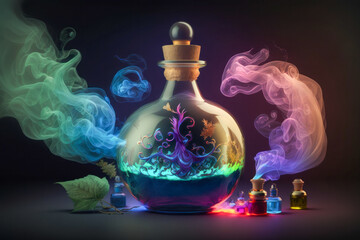 Obraz na płótnie Canvas fairy tale poison or healing colorful potion on table, generative ai