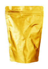 Blank golden foil plastic pouch food packaging isolated on transparentbackground. Single gold aluminum coffee package bag