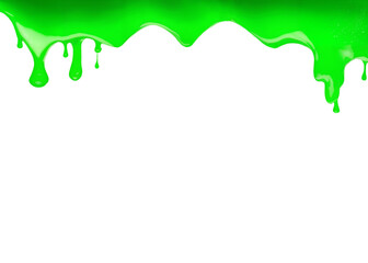 Isolated trail (horizontal line) of sticky green slime, a dense dripping liquid going down a transparent surface.
