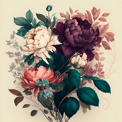 Floral composition with blossoming flowers, blooming ilustration made with generative ai, light background