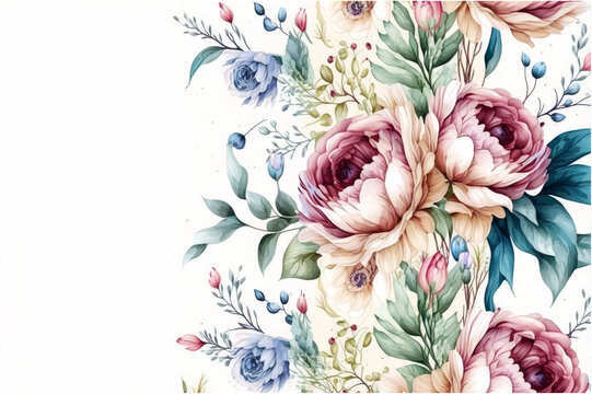 Watercolor Vintage Floral Seamless Pattern Hand Painted Repeating Ornament with Bouquets of Flowers on White Background Peony Roses Anemone Eucalyptus Leaves Berries and Branches Banner Decor