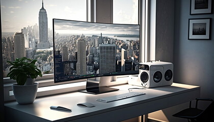 Computer screen showing a city, with city background