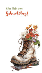 Creative Upcycling of Old Leather Boot with spring flowers, AI Generative. Caption Alles Liebe zum Geburtsag means Happy Birthday in German language.