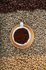 Collage of coffee beans showing various stages of roasting Italian roast with raw. Step and Circle of Coffee Bean, Mixed café Beans Robusta and Arabica, Food and Drink Texture Background.