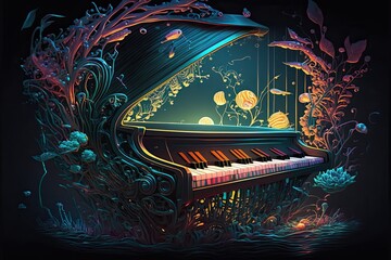Grand Piano in Enchanted Forest, outwardly, surreal, luminescent, opalescent, AI Generative
