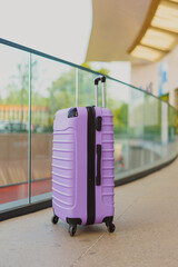 One purple large suitcase stands outside against the backdrop of the terminal green nature