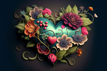 Beautiful green heart with flowers and leaves on a dark background, love, valentine, illustration, Generative AI
