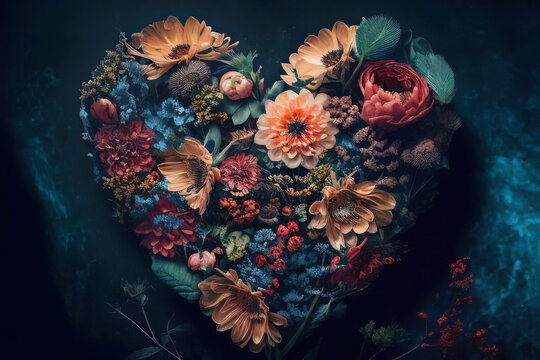 Beautiful heart of colorful flowers on a dark background, valentine, Generative AI © Eva