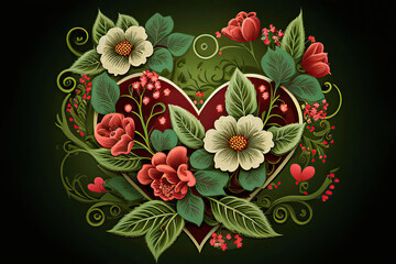 Beautiful heart with flowers and green leaves, dark green background, love, valentine, illustration, Generative AI