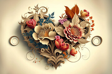 Beautiful heart with flowers and leaves on a light background, love, valentine, illustration, Generative AI