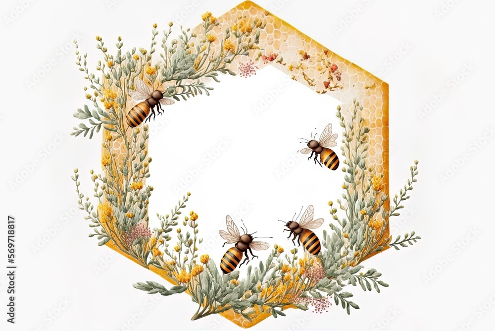 Poster honeycomb image with flying bees on a white backdrop generative ai