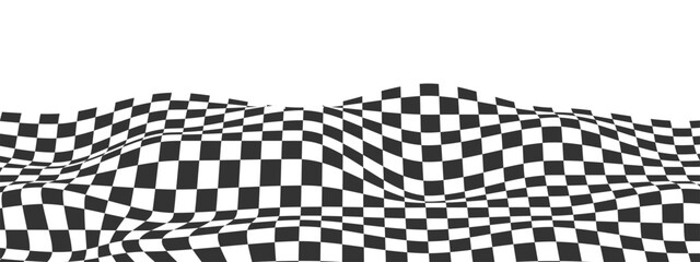 Waved checkered pattern background. Warped texture with black and white squares. Undulate chessboard, race flag, textile plaid, tile floor surface