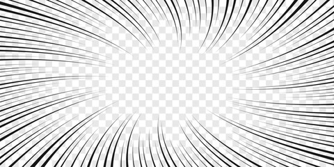 Vortex radial black lines on transparent background. Manga book page design. Comic attention, impact, surprise, splash, boom, explosion, power, motion, burst effect template